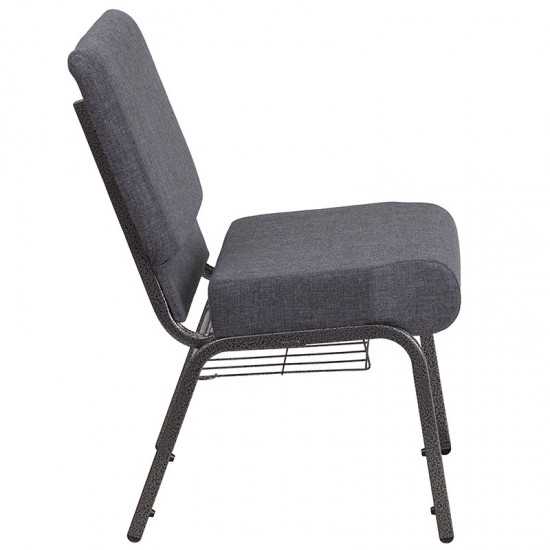 21''W Church Chair in Dark Gray Fabric with Book Rack - Silver Vein Frame