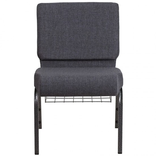 21''W Church Chair in Dark Gray Fabric with Book Rack - Silver Vein Frame