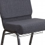 21''W Church Chair in Dark Gray Fabric with Book Rack - Silver Vein Frame