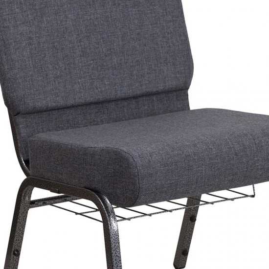 21''W Church Chair in Dark Gray Fabric with Book Rack - Silver Vein Frame