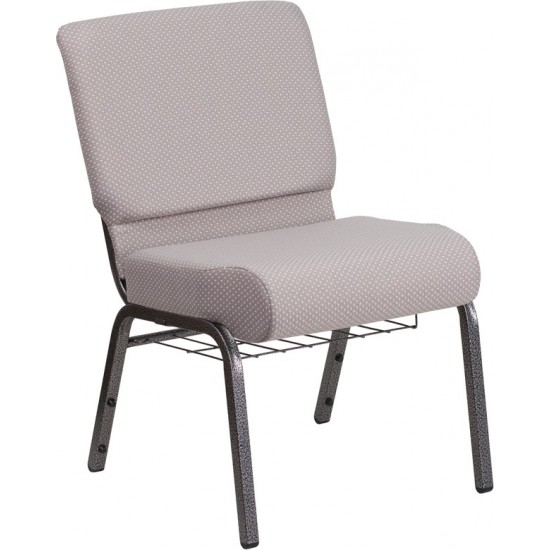 21''W Church Chair in Gray Dot Fabric with Book Rack - Silver Vein Frame