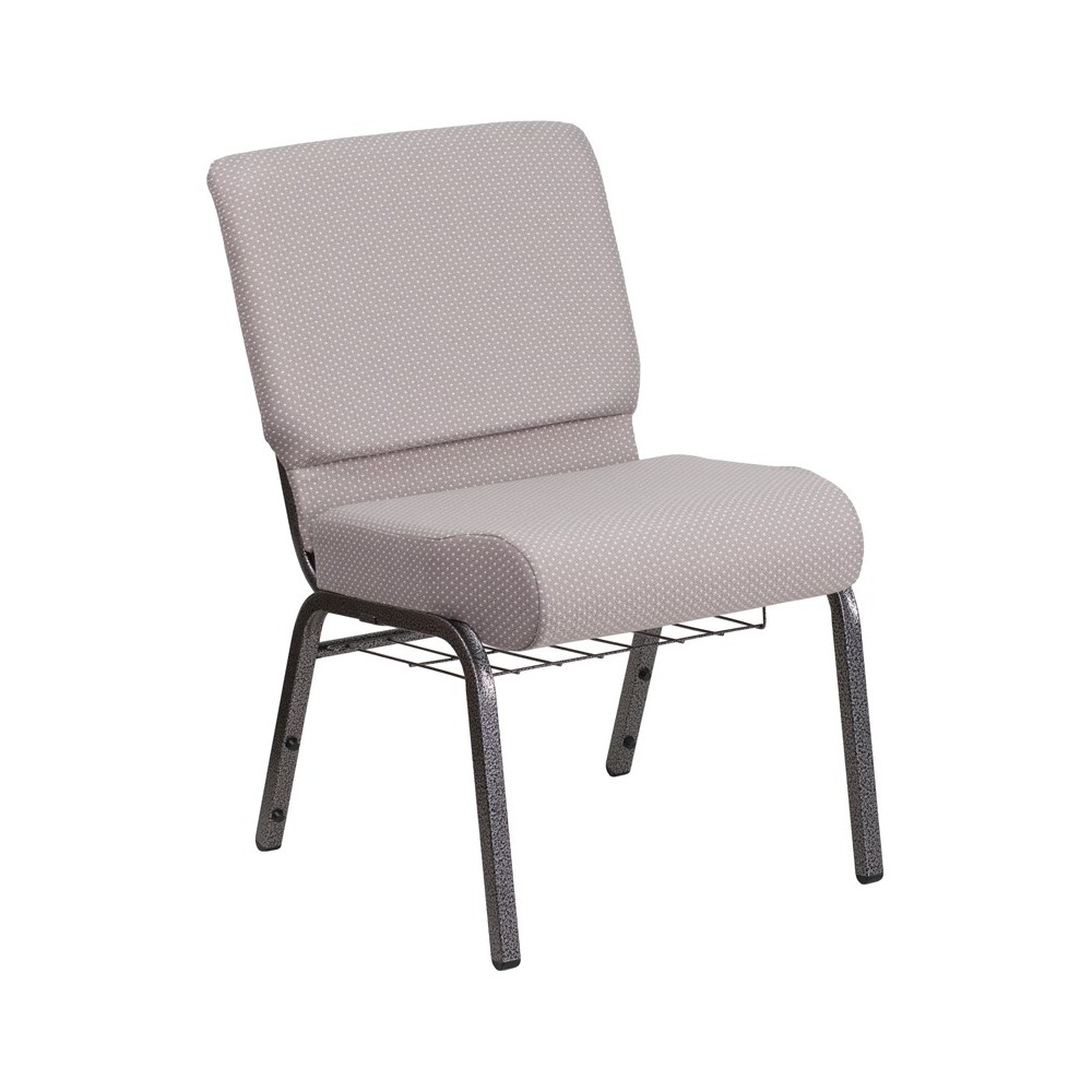 21''W Church Chair in Gray Dot Fabric with Book Rack - Silver Vein Frame