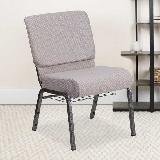 21''W Church Chair in Gray Dot Fabric with Book Rack - Silver Vein Frame