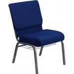 21''W Church Chair in Navy Blue Fabric with Cup Book Rack - Silver Vein Frame