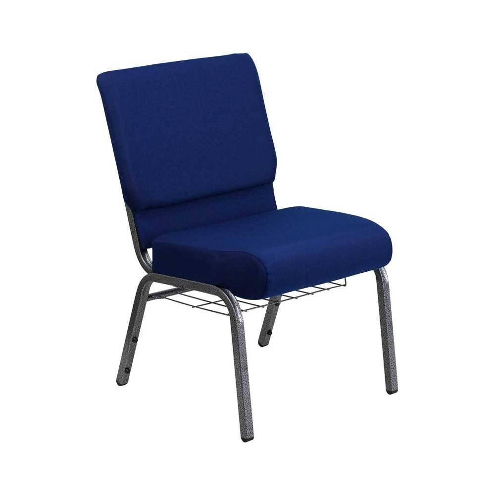 21''W Church Chair in Navy Blue Fabric with Cup Book Rack - Silver Vein Frame