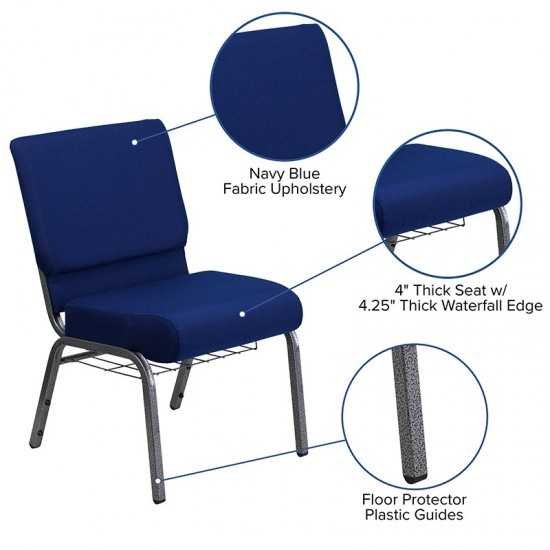 21''W Church Chair in Navy Blue Fabric with Cup Book Rack - Silver Vein Frame