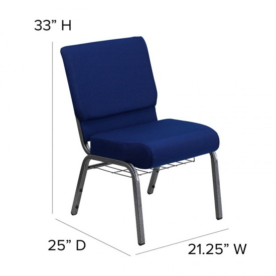 21''W Church Chair in Navy Blue Fabric with Cup Book Rack - Silver Vein Frame