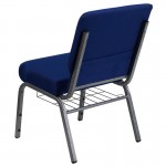 21''W Church Chair in Navy Blue Fabric with Cup Book Rack - Silver Vein Frame