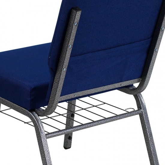21''W Church Chair in Navy Blue Fabric with Cup Book Rack - Silver Vein Frame