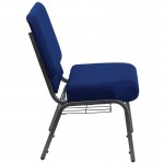 21''W Church Chair in Navy Blue Fabric with Cup Book Rack - Silver Vein Frame