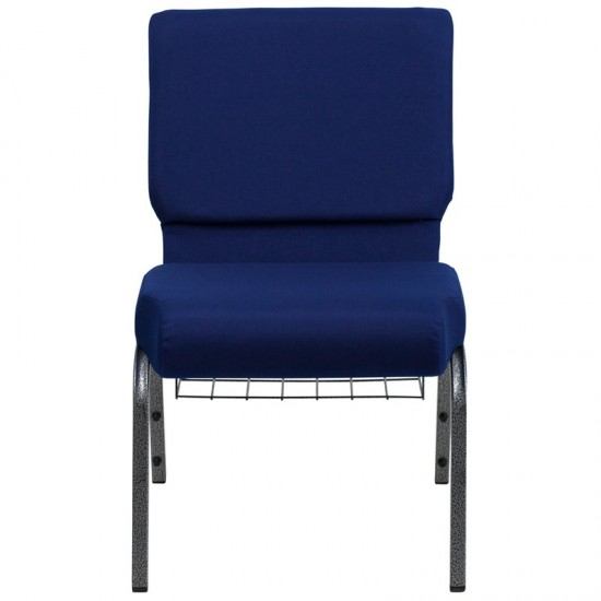 21''W Church Chair in Navy Blue Fabric with Cup Book Rack - Silver Vein Frame