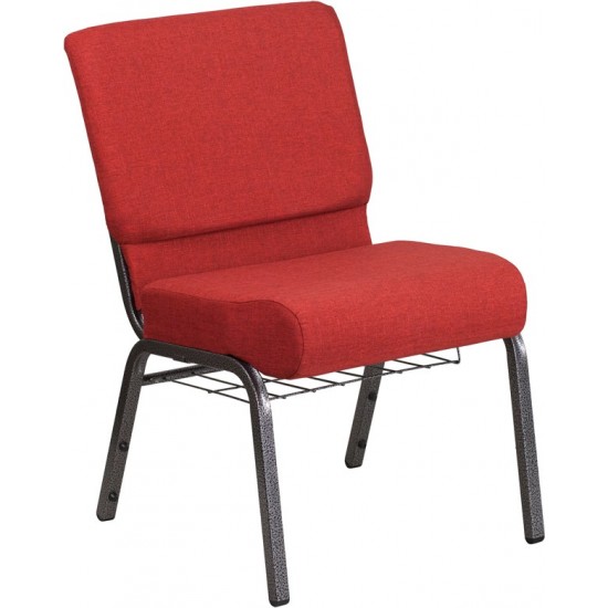 21''W Church Chair in Crimson Fabric with Cup Book Rack - Silver Vein Frame