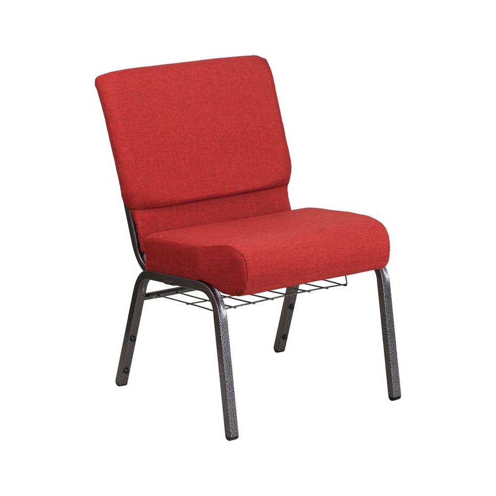 21''W Church Chair in Crimson Fabric with Cup Book Rack - Silver Vein Frame