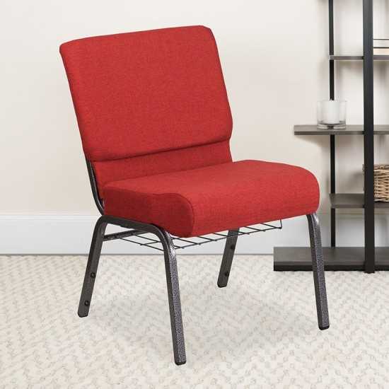 21''W Church Chair in Crimson Fabric with Cup Book Rack - Silver Vein Frame