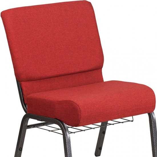 21''W Church Chair in Crimson Fabric with Cup Book Rack - Silver Vein Frame