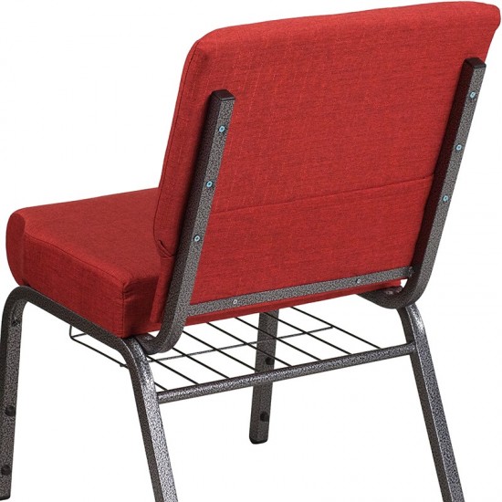 21''W Church Chair in Crimson Fabric with Cup Book Rack - Silver Vein Frame