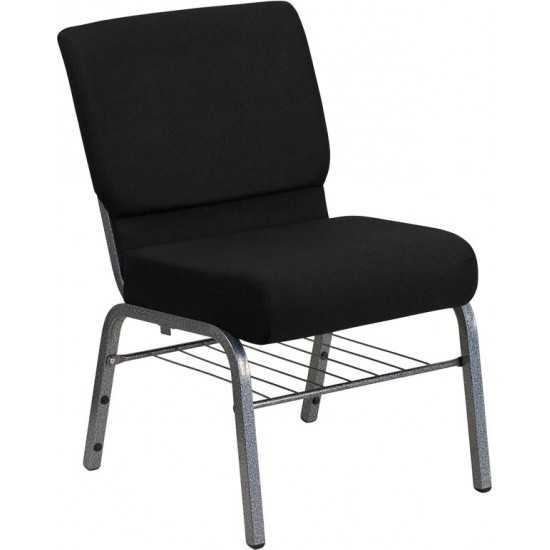 21''W Church Chair in Black Fabric with Book Rack - Silver Vein Frame