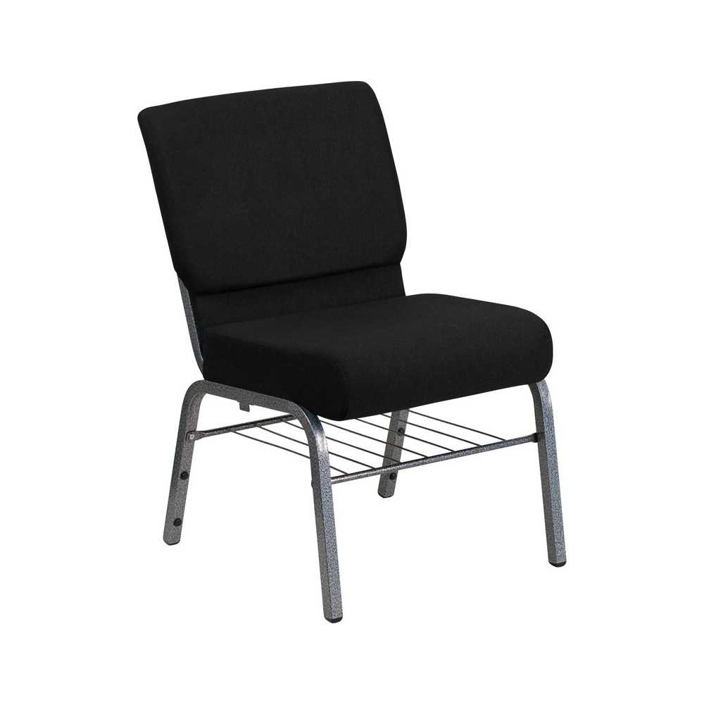 21''W Church Chair in Black Fabric with Book Rack - Silver Vein Frame