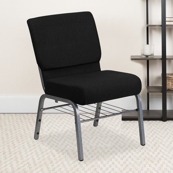 21''W Church Chair in Black Fabric with Book Rack - Silver Vein Frame