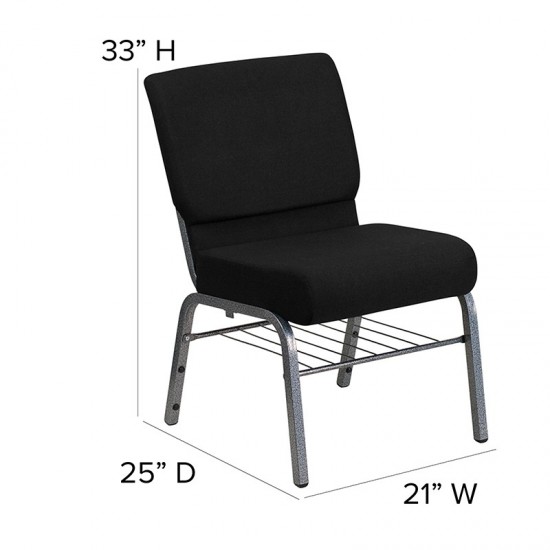 21''W Church Chair in Black Fabric with Book Rack - Silver Vein Frame