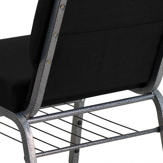 21''W Church Chair in Black Fabric with Book Rack - Silver Vein Frame