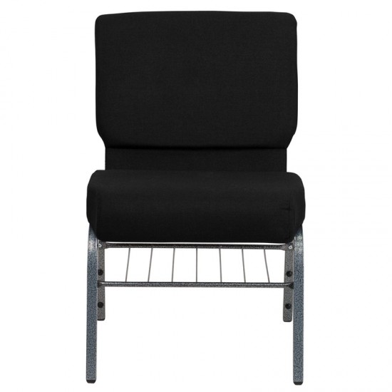 21''W Church Chair in Black Fabric with Book Rack - Silver Vein Frame