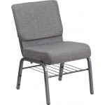 21''W Church Chair in Gray Fabric with Book Rack - Silver Vein Frame