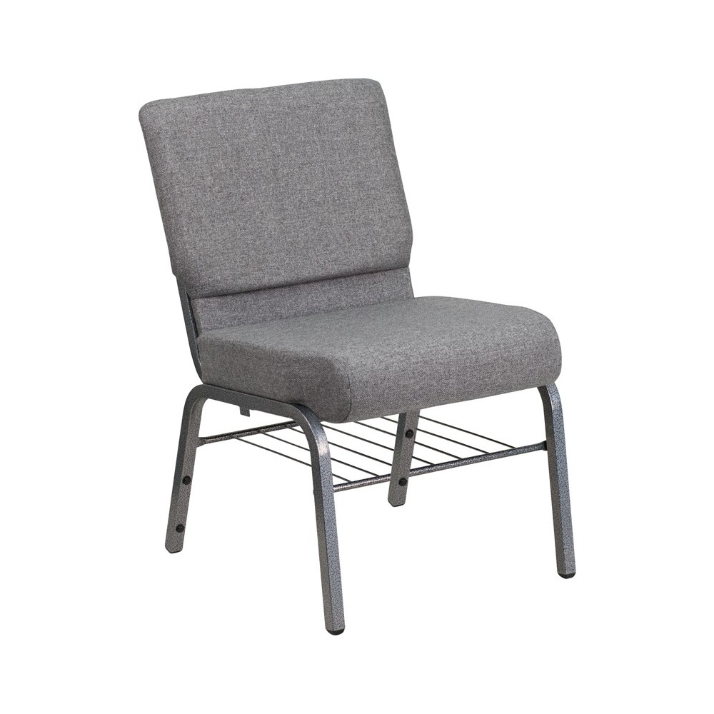 21''W Church Chair in Gray Fabric with Book Rack - Silver Vein Frame