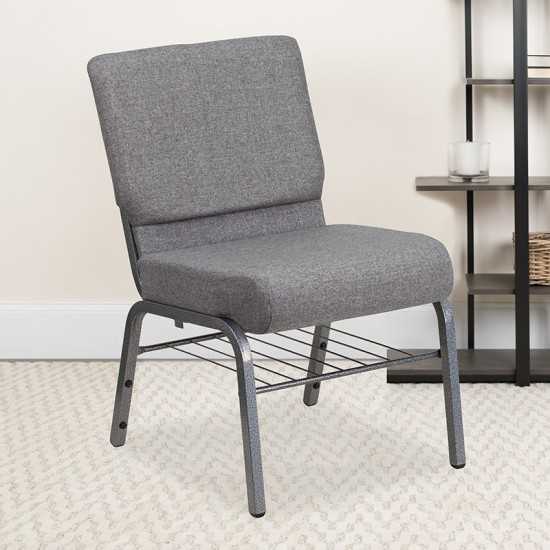 21''W Church Chair in Gray Fabric with Book Rack - Silver Vein Frame