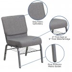 21''W Church Chair in Gray Fabric with Book Rack - Silver Vein Frame