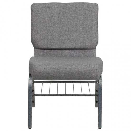 21''W Church Chair in Gray Fabric with Book Rack - Silver Vein Frame