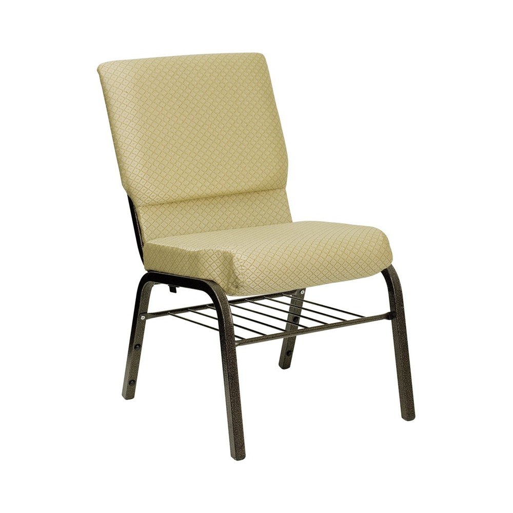 18.5''W Church Chair in Beige Patterned Fabric with Book Rack - Gold Vein Frame