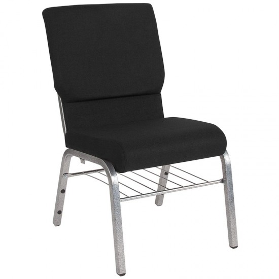 18.5''W Church Chair in Black Fabric with Book Rack - Silver Vein Frame