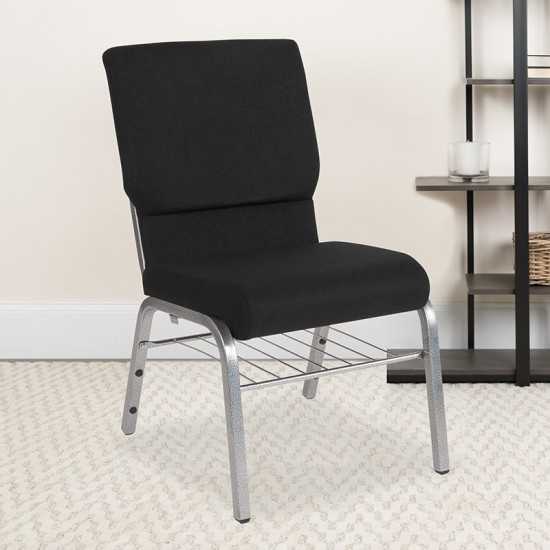 18.5''W Church Chair in Black Fabric with Book Rack - Silver Vein Frame