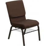 18.5''W Church Chair in Brown Fabric with Book Rack - Gold Vein Frame