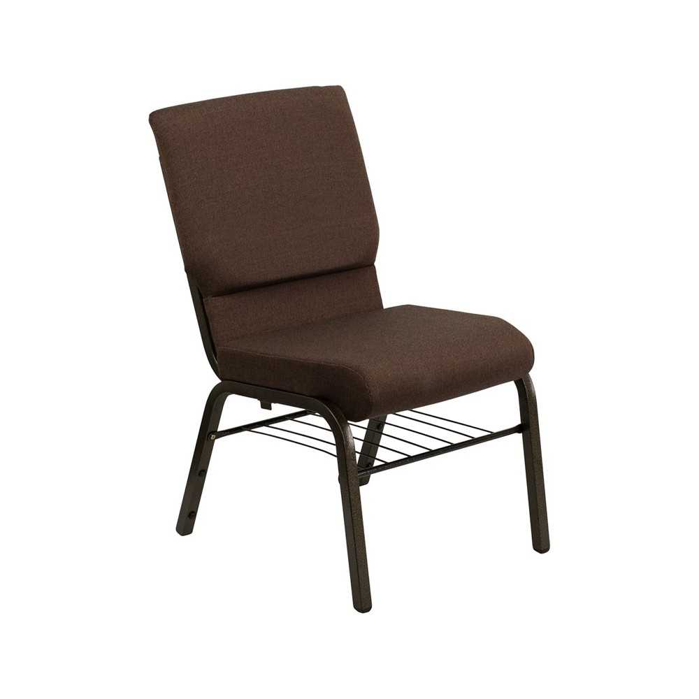 18.5''W Church Chair in Brown Fabric with Book Rack - Gold Vein Frame