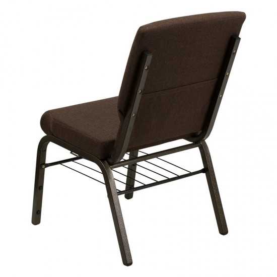 18.5''W Church Chair in Brown Fabric with Book Rack - Gold Vein Frame