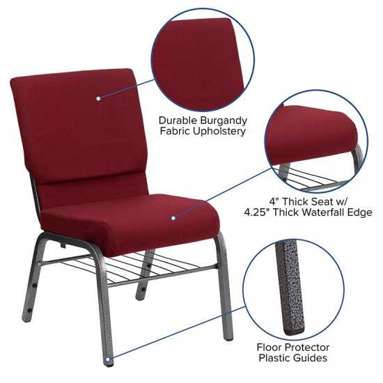 18.5''W Church Chair in Burgundy Fabric with Book Rack - Silver Vein Frame