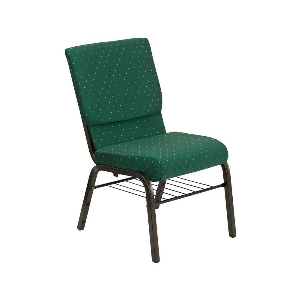 18.5''W Church Chair in Green Patterned Fabric with Book Rack - Gold Vein Frame