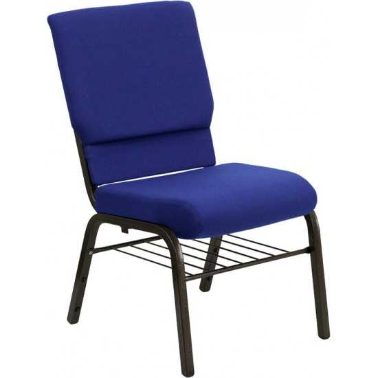 18.5''W Church Chair in Navy Blue Fabric with Book Rack - Gold Vein Frame