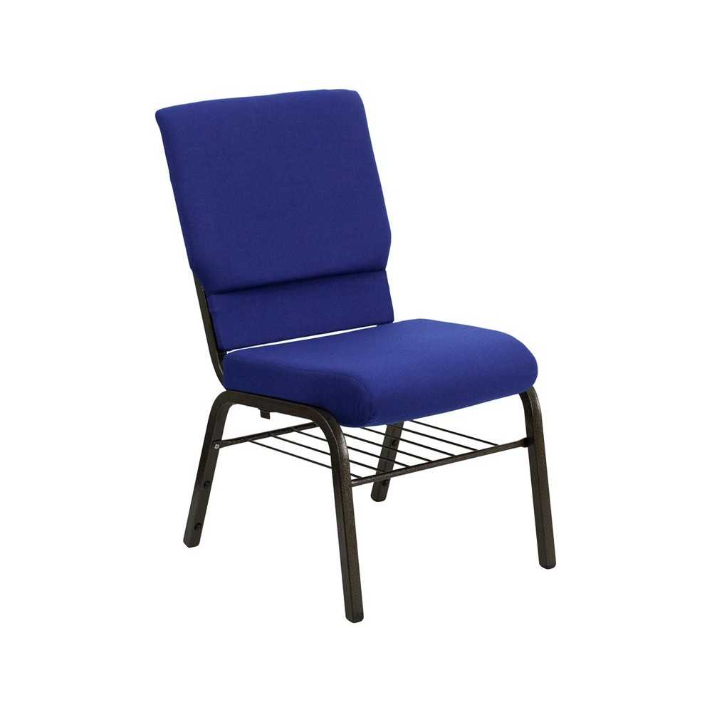 18.5''W Church Chair in Navy Blue Fabric with Book Rack - Gold Vein Frame