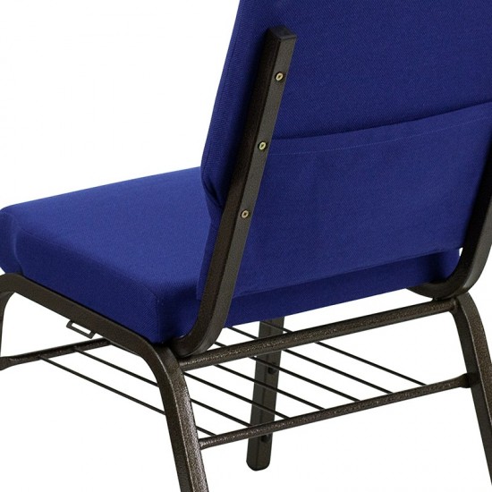 18.5''W Church Chair in Navy Blue Fabric with Book Rack - Gold Vein Frame