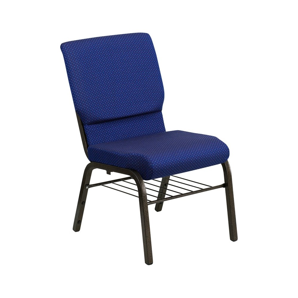 18.5''W Church Chair in Navy Blue Patterned Fabric with Book Rack - Gold Vein Frame