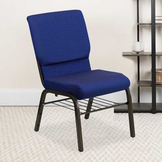 18.5''W Church Chair in Navy Blue Patterned Fabric with Book Rack - Gold Vein Frame