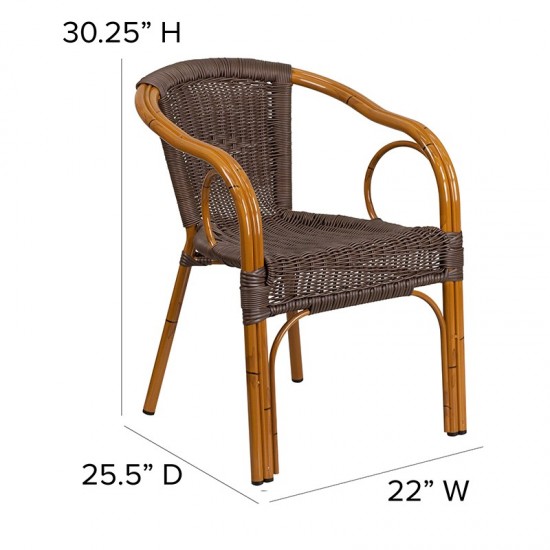 Cadiz Series Dark Brown Rattan Restaurant Patio Chair with Red Bamboo-Aluminum Frame