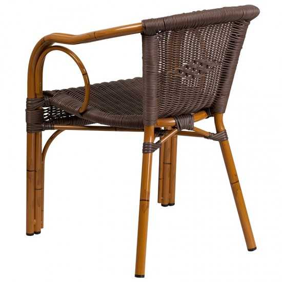 Cadiz Series Dark Brown Rattan Restaurant Patio Chair with Red Bamboo-Aluminum Frame