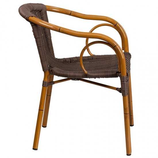 Cadiz Series Dark Brown Rattan Restaurant Patio Chair with Red Bamboo-Aluminum Frame