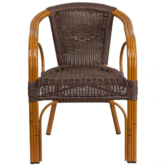 Cadiz Series Dark Brown Rattan Restaurant Patio Chair with Red Bamboo-Aluminum Frame