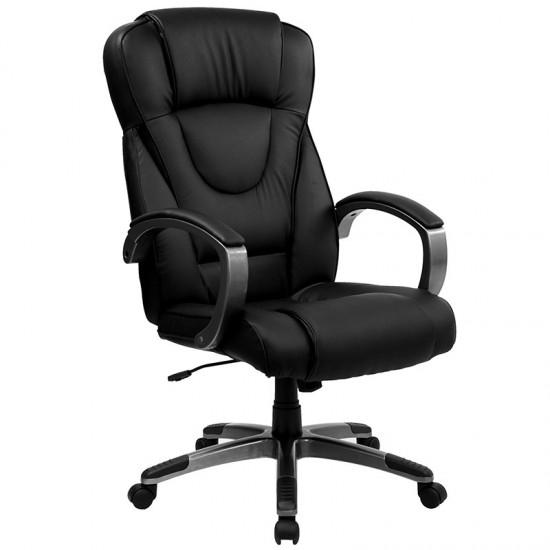 High Back Black LeatherSoft Executive Swivel Office Chair with Titanium Nylon Base and Loop Arms