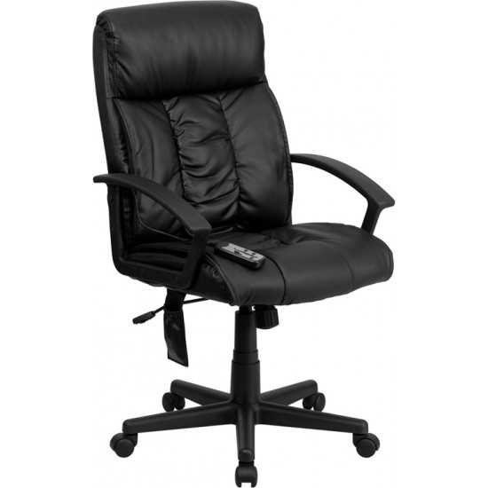 High Back Ergonomic Massaging Black LeatherSoft Executive Swivel Office Chair with Side Remote Pocket and Arms